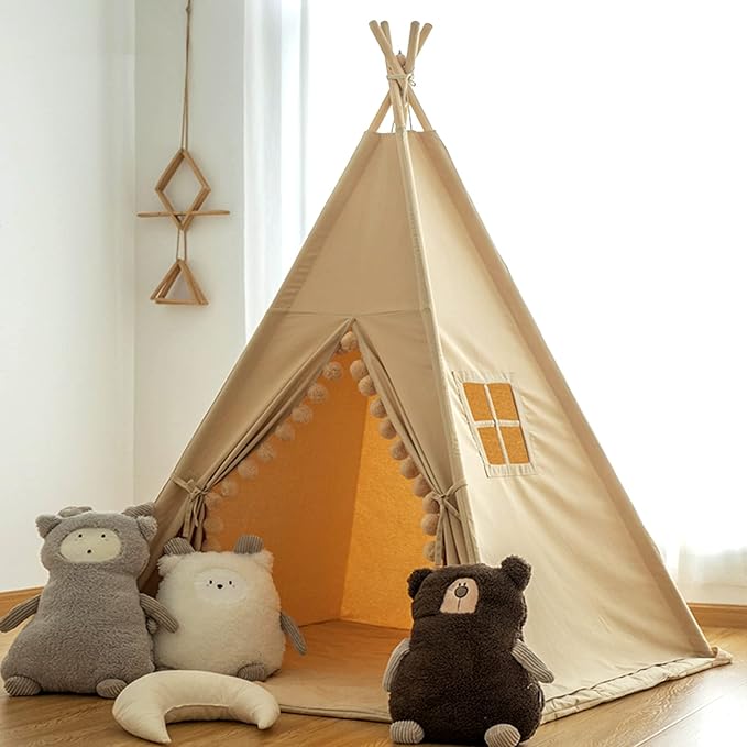 Kids Teepee Tent with Lights &Large Pompoms & Carry Bag, Machine Washable Tent for Kids Indoor, Toddler Teepee for Girls & Boys（Without Mat）