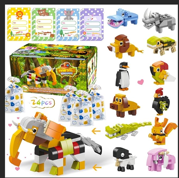 24 Packs Animal Building Blocks Valentines Gifts for School, Valentines Exchange Party Gifts for Boys Girls