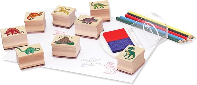 Melissa & Doug Wooden Stamp Set: Dinosaurs - 8 Stamps, 5 Colored Pencils, 2-Color Stamp Pad - FSC Certified