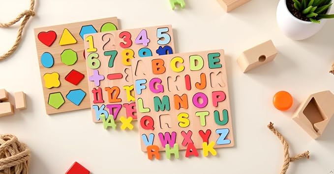 Wooden Puzzle for Kids, Set of 3 Pack Educational Boards, Alphabet Shape, Numbers 1-20, Shape, Ages 3,4,5, Perfect for Montessori Kids