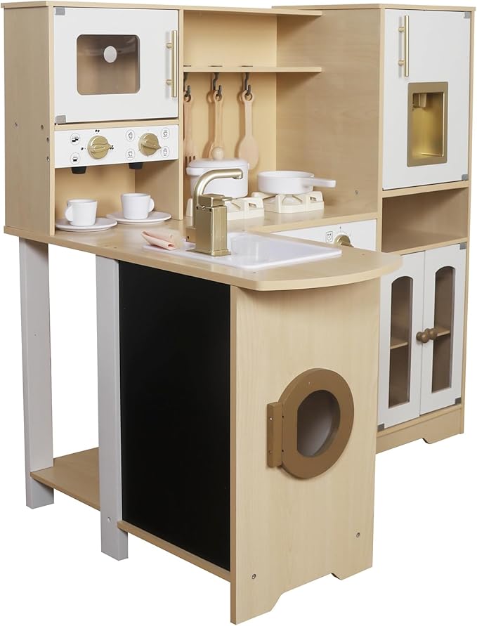 Large Wooden Corner Play Kitchen Sets with Real Running Water, 2 in 1 Water Dispenser with Ice Maker, Toy Tove with Light and Sounds for Toddlers, Preschoolers, Children Age 3+ Years