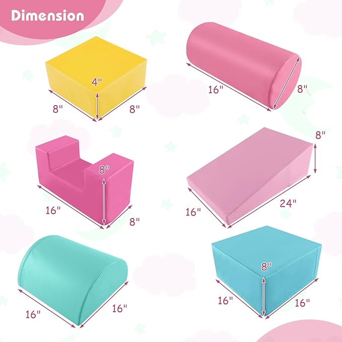 Costzon Toddler Climbing, 6 Pieces Climb and Crawl Playset with PU Cover for Baby Crawling, Climbing & Walking, Indoor Foam Climbing Blocks for Toddlers (Pink)