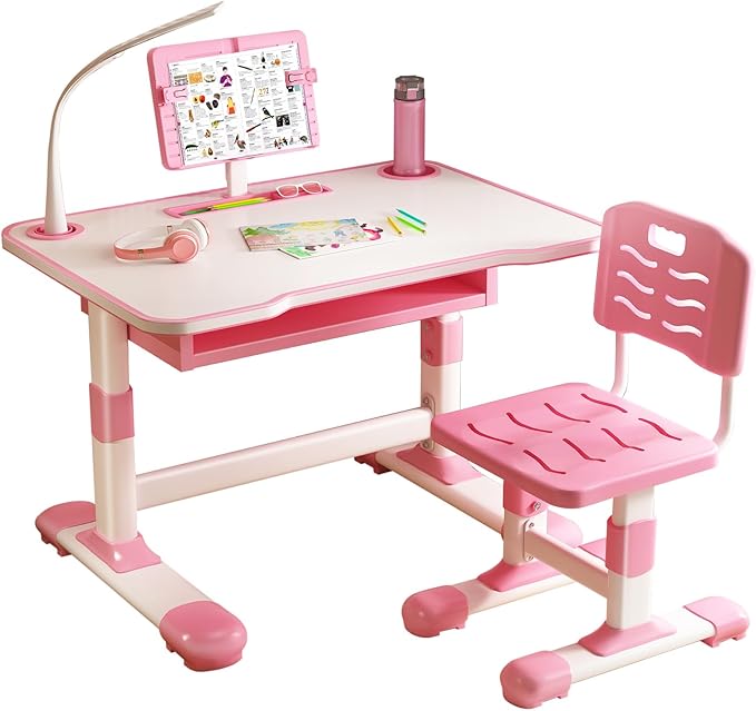 2025 NEW Kid's Study Desk and Chair Set, Ergonomic Height Adjustable Children Study Desk with Tilt Desktop, Book Stand, Light, Metal Hook and Storage Drawer,Gift for Boys Girls (Pink 70cm light)