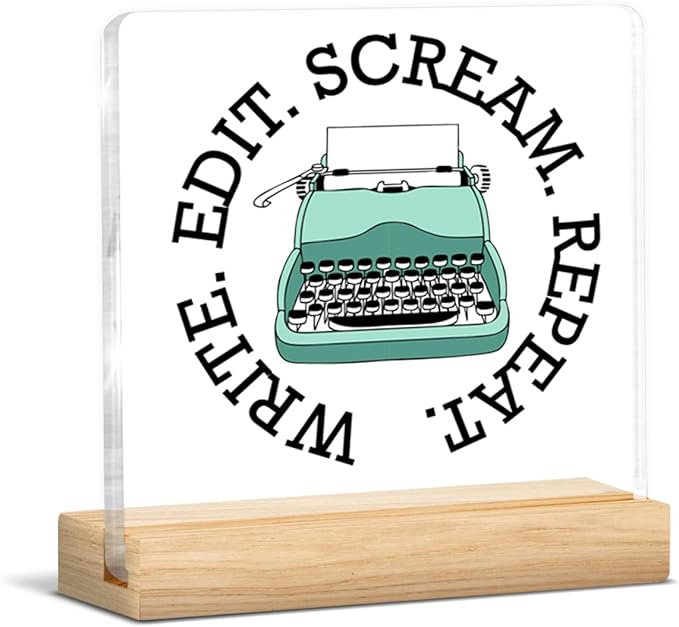 Writer Gifts for Men Women, Funny Gifts for Writers Editors Typewriter Authors Novelist, Acrylic Plaque Sign with Wooden Stand Home Office Decor