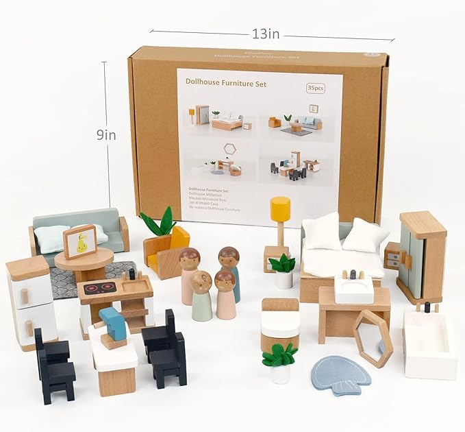 PairPear Wooden Toys Dollhouse Furniture Playset,35 Piece Furnitures with Family Dolls,Doll House Accessories Pretend Play Gift for Girls and Boys 3 Year and Up
