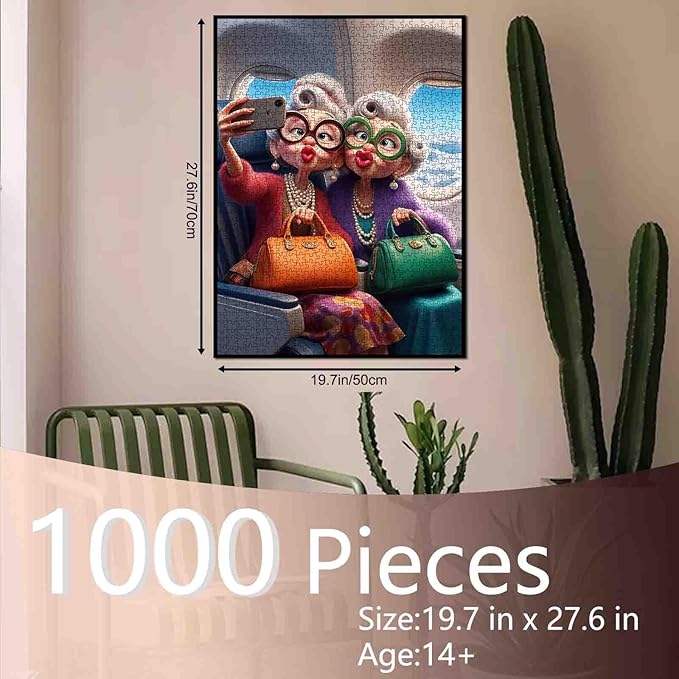 Fashionable Senior Ladies On Airplane Jigsaw Puzzle for Adults Students Funny Cartoon Style 1000 Pieces 20×27 Inches Colorful Travel Humor Puzzle Gift Idea for Relaxing and Creative Time Wall Decor