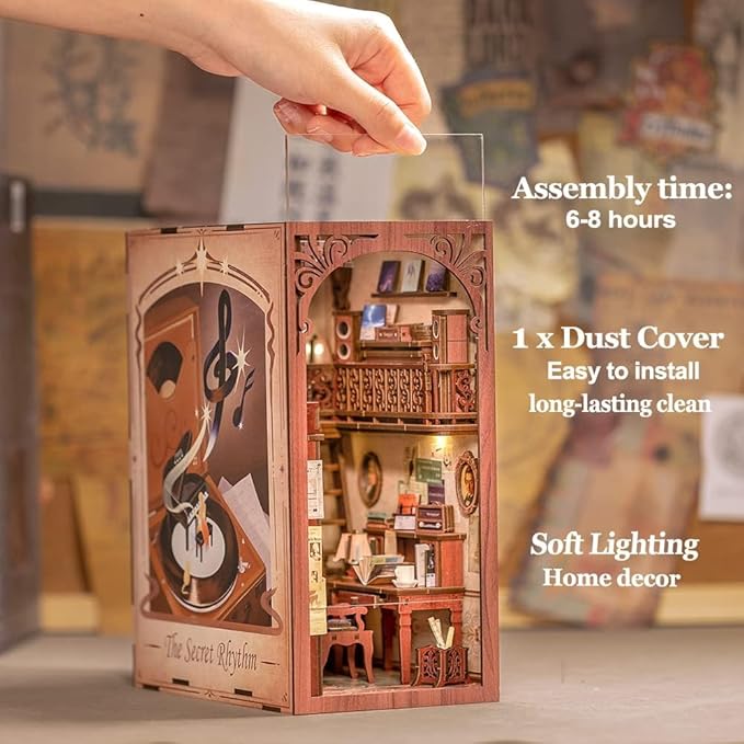 Fsolis Book Nook Kit Music, DIY Miniature Room House Kit 3D Wooden Puzzles for Adult Decorative Bookend Bookshelf Nook Decor Gifts for Women Teens and Book Lovers(The Secret Rythm)