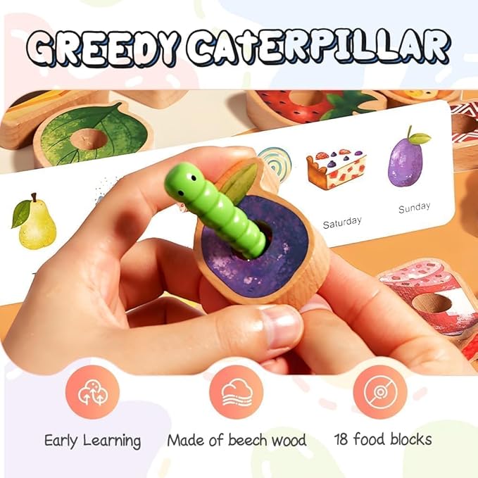 Threa Ding Toys, 2025 New Upgrade Wooden Greedy Cater Pillar Ropeoy, Lacing Beads Wooden2.5in Fruit & Vegetable Toys with Rope, Montessori Fine Motor Skills Farm, Bag for 3+ Year Old