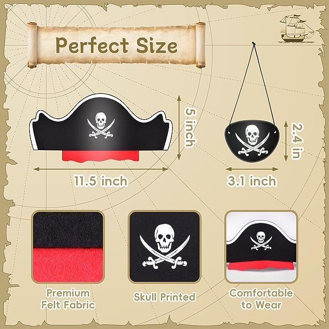 Legigo 48 Pcs Pirate Hat with Eye Mask - Classic Costume Cap Accessories for Pirate Party Cosplay Caribbean Dress, Black