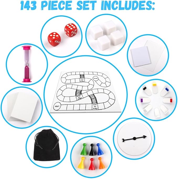 Madanar Blank Create Your Own Board Game Kit DIY 143 Piece Set - Perfect for School Projects: Player Pieces, Spinner, Playing Cards, Dice, Sand Timer, Pawns, Storage Box, and More - Fun for Family