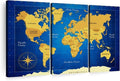 ElephantStock Yellow Longitude World Map Multi Piece Canvas - 3 Panel Wall Decor - Map of the World Art - Canvas for the Office and Home - 74" X 48"