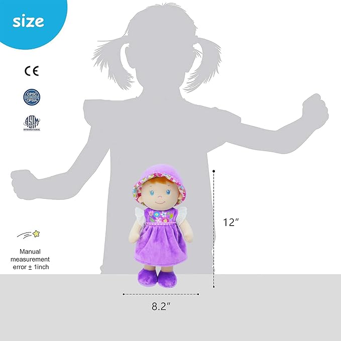 June Garden 12" Soft Dolly Laura - Stuffed Soft Baby Doll Gift for 1 2 3 Year Old Girls - Purple Dress