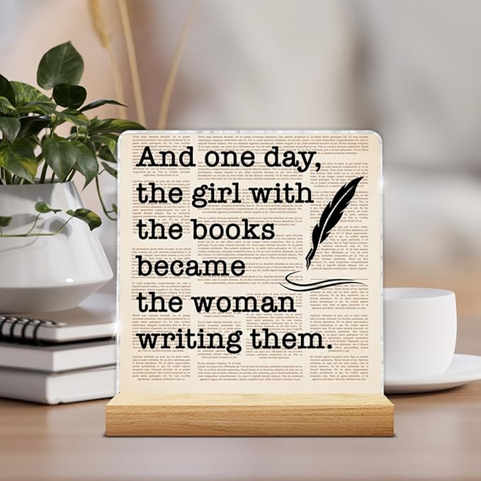 Writing Gifts for Women Girls, Funny Gifts for Writers Author Novelist Writing Lover, Retro Newspaper Acrylic Plaque Sign with Wooden Stand Home Office Decor