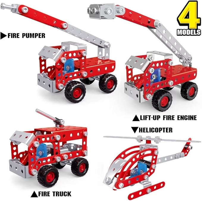 Stem Building Toys for Boys Age 8-12,Creative Sets Fire Trucks Series Model Kit,Assembly Toys for Kids,Metal Building Blocks for Model 4 in 1 Fire Fighting Cars(121PCS)