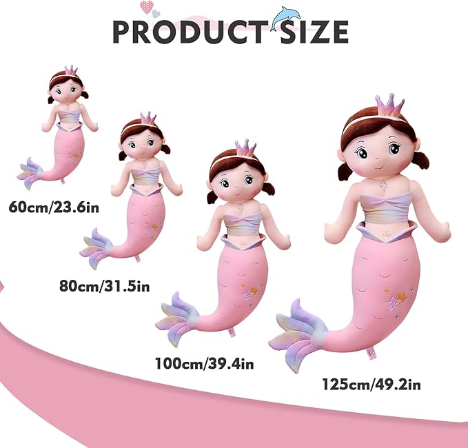 Mermaid Stuffed Animal Plush, 23.6in Cute Soft Pink Hugging Mermaid Plushies Pillow Toys Kawaii Birthday Gift for for Adults Kids Boys Girls
