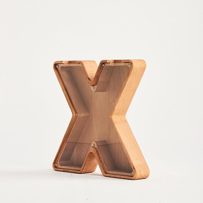 Personalized Wooden Piggy Bank – Custom Letter X Coin Bank in Beech Wood with Clear Acrylic Front, Engraved Name Option, Money Saving Box for Kids and Adults