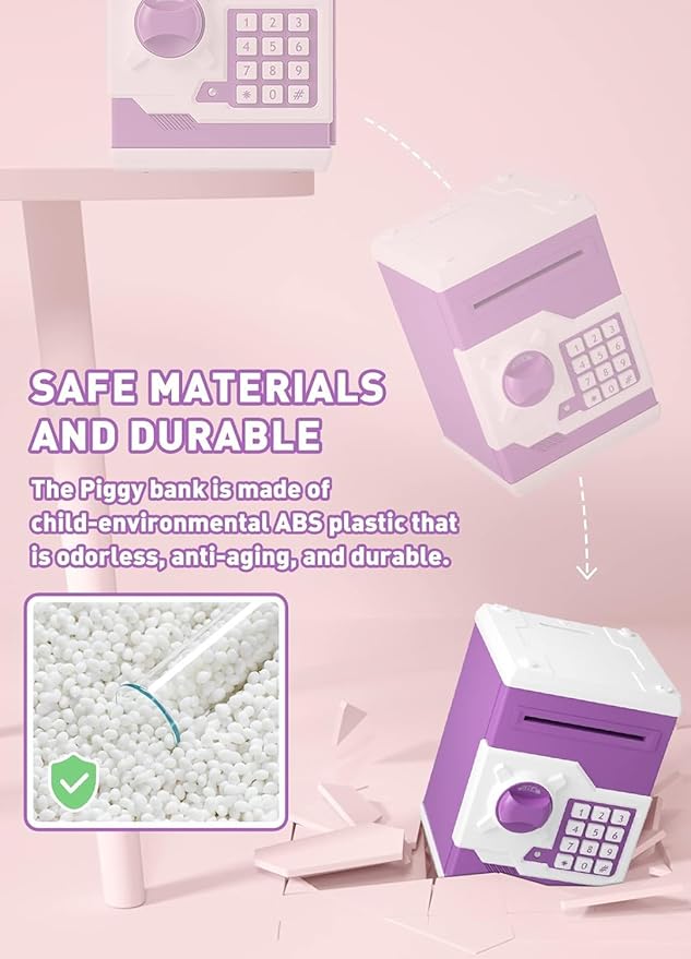 Piggy Bank for Girls Boys Large Electronic Money Coin Banks with Password Protection, Automatic Paper Money Scroll Saving Box, Great Gift for Kids (Purple-White)