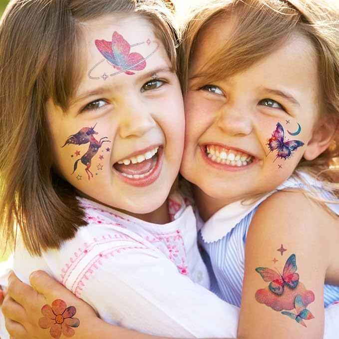 Glitter Tattoos for Girls Women, 12 Sheets Glitter Butterfly Moon Flowers Mermaid Temporary Tattoos for Girls Birthday Party Supplies Gifts Decoration