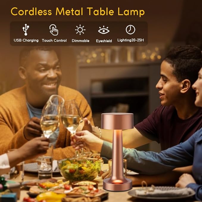 Portable LED Table Lamp, 3-Levels Brightness Metal Desk Lamp,3 Color Touch Control Rechargeable Lamp, Ideal Bedside lamp for Nightstand,Bedroom, Living Room（Rose Gold）