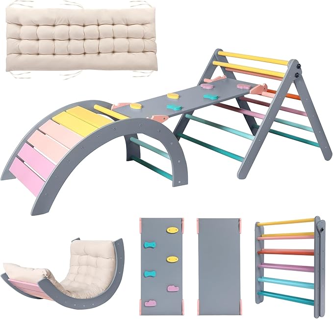 Pikler Triangle Set with Cushion Large, 5 in 1 Toddler Climbing Toys Indoor, Montessori Foldable Climbing Set for Kids, Wooden Playground Jungle Gym with Ramp, Arch and Ladder(Color-A)