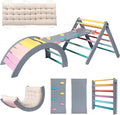 Pikler Triangle Set with Cushion Large, 5 in 1 Toddler Climbing Toys Indoor, Montessori Foldable Climbing Set for Kids, Wooden Playground Jungle Gym with Ramp, Arch and Ladder(Color-A)