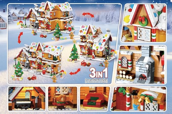 HOGOKIDS 2025 Advent Calendar Gingerbread House Mini Building Set with Light, 24 Days Countdown 3 Style Christmas Village Blocks Toy with Xmas Tree, for Adults Kids Boy Girls Ages 10+