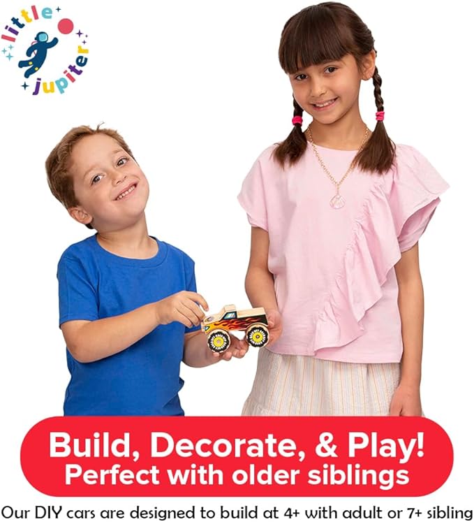 Little Jupiter DIY Wooden Kits w/Stickers - Kids Building Kit - Stem Toys for Ages 4-7 - Wood Crafts for Kids - Woodworking Kits (Monster Truck 1 & Race Car)