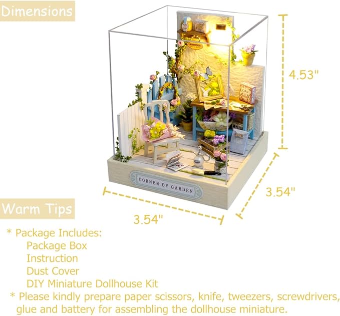 TuKIIE DIY Miniature Dollhouse Kit with Furniture, 1:24 Scale Creative Room Mini Wooden Doll House Plus Dust Proof for Kids Teens Adults(Corner of Garden)