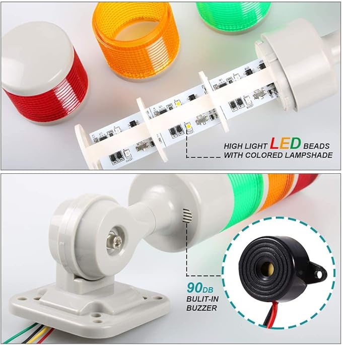 Led Signal Tower Stack Lights, Industrial Warning Column Lamp, Andon With Rotatable Base, Steady/Flashing Switchable, 12V 24V DC (3-Layer, With Buzzer)