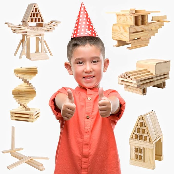 3 Bees & Me Wooden Building Toys - STEM Toys for Boys and Girls - 100 Wood Plank Pieces