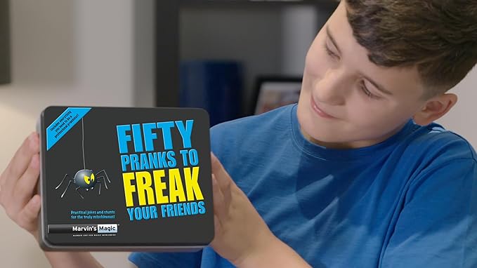 Marvin's Magic - Fifty Pranks to Freak Your Friends - Magic Tricks for Kids in Gift Tin - Includes Novelty Parking Ticket, Realistic Coffee Spill and More - Prank Kit, Magic Tricks and Family Games
