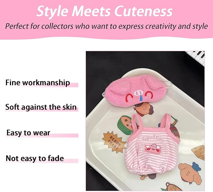 17cm Doll Clothes 4-Piece Set, Cute Onesie Outfit with Headband & 2 Pairs of Shoes , Cute Kawaii Fashion Accessories(NO Doll)
