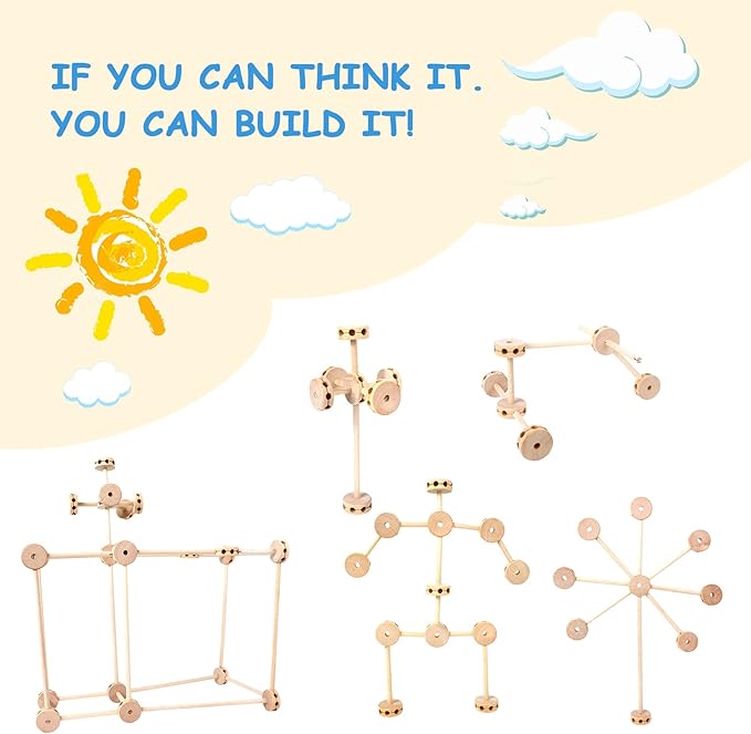 WODI 60PCS Wooden Building Blocks for Kids Ages 4-8, STEM Toys Montessori Learning Toys, Large DIY Educational Construction Blocks for Toddlers, Creative Splicing Activity Set with Manual