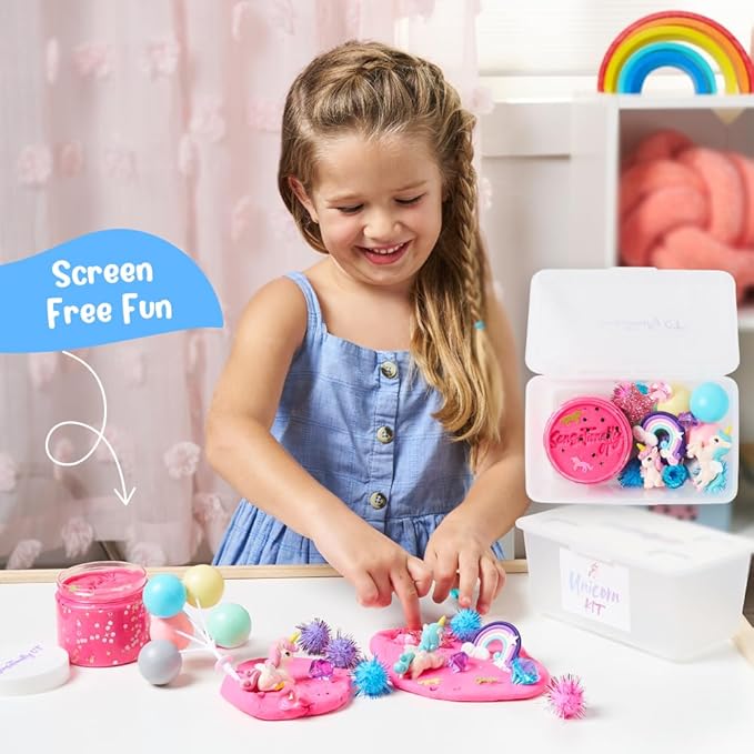 Senationally OT - 2025 Edition - Mini Unicorn Sensory Dough Kit -1 Jar Magic Dough, Sensory Bin for Toddlers & Scooper-Count Sparkly Pom-Poms, Bring Unicorns to Life in a Magical Fairytale