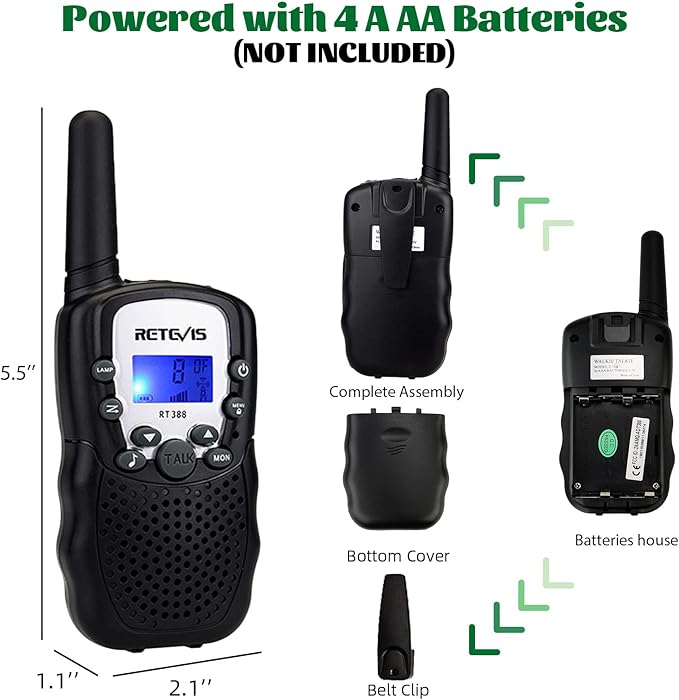 Retevis RT388 Walkie Talkies for Kids,Toys Walkie Talkie for 6-12 Years Old Boys Girls,Kids Toys Gifts for Outside Trip Camping Hiking (Black,1 Pair)