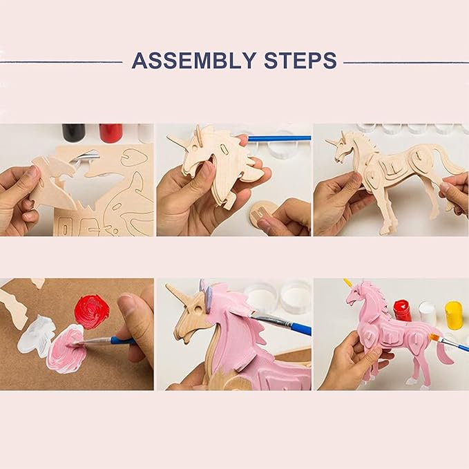 Georgie Porgy 3D Wooden Puzzles for Kids Toys Construction Woodcraft Kits DIY Model Puzzle Kits Birthday Gifts Pack of 6 (Bee Owl Butterfly Unicorn Sea Turtle Dolphin)