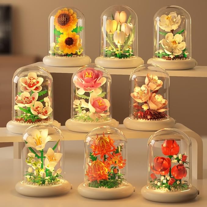 Botanical Flower Micro Blocks Set for Adults and Teens,600 PCS Mini Bricks Artificial Flowers with Light for Birthday and Gift, Lily, Sunflower and Tulip