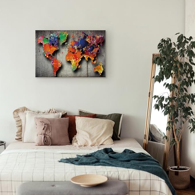artgeist Canvas Wall Art World Map 24x16 in - 1pcs Home Decor Framed Stretched Picture Photo Painting Artwork Image - Map Worldmap Continents Grey Colorful k-A-0507-b-a