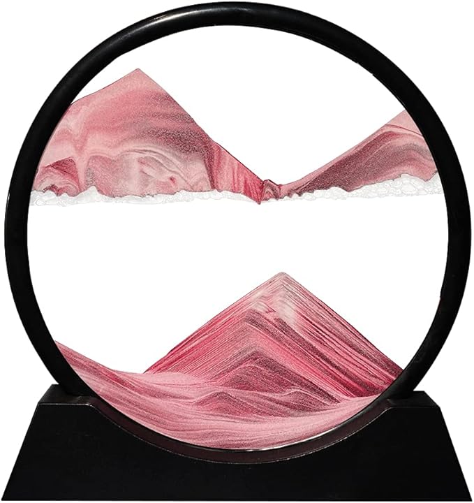 Aoderun Moving Sand Art Picture Round Glass 3D Deep Sea Sandscape in Motion Display Flowing Sand Frame Relaxing Desktop Home Office Work Decor (7", Pink)