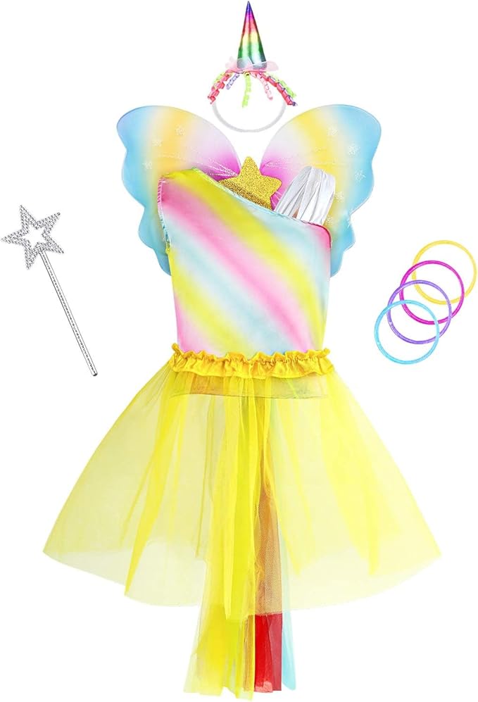 Jeowoqao Girls Unicorn Princess Dress up Trunk Set 19 Pcs, Girls Rainbow Unicorns Costume, Toddler Girls Dress up Clothes Pretend Play Costumes for Little Girl Ages 3 4 5 6