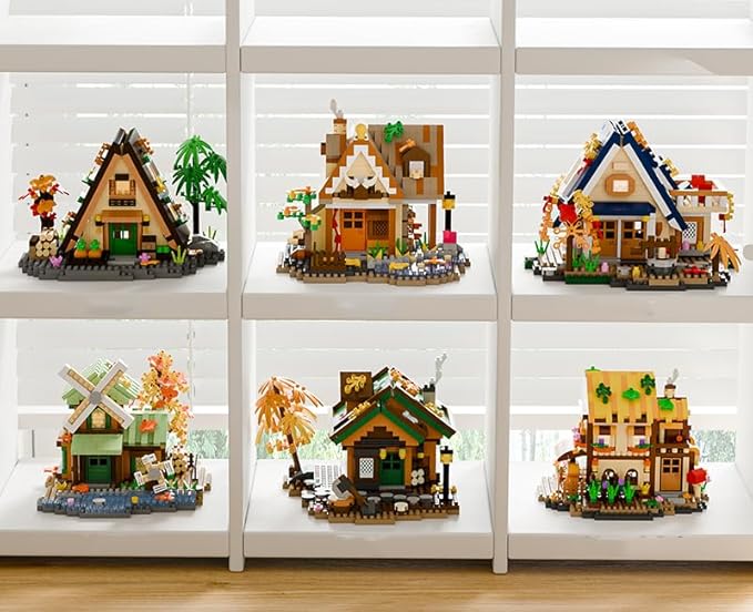 Countryside Mini Wood Cabin Micro Building Set with LED Light Wooden Forest House Block Toy with Tree Log Stem Houses Construction Model for Adults Teens Birthday Gift