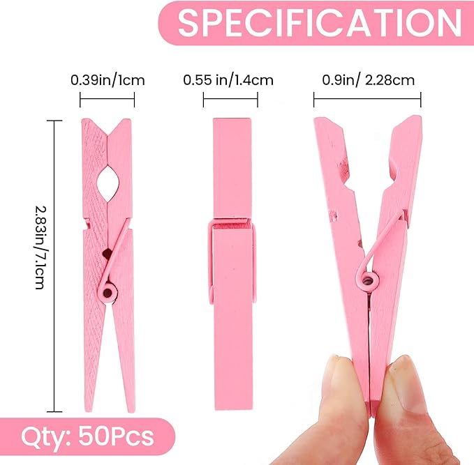 50PCS Colored Wooden Clothespins, 2.9inch Pink Clothes Pins for Clip Pictures Photos Decorative, Small Colorful Wood Decoration Closepins Clips
