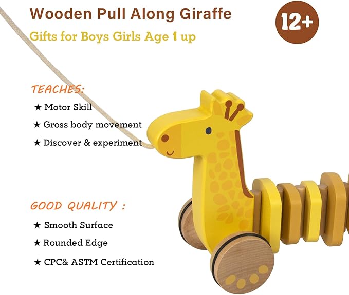 Baby Toys Car,Wooden Pull Along Toddler Toy, Developmental Toy for 1 Year Old Girl Boy Birthday Gift (Giraffe)