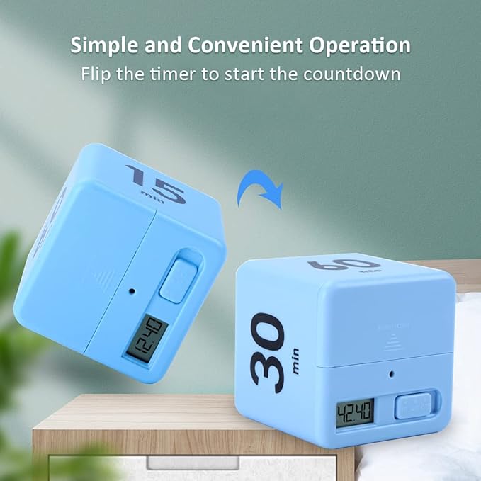 Feilifan Cube Timer,Productivity Timer Kids Time Timer Gravity Sensor flip Timer for Time Management and Countdown Settings 15 20 30 60 Minutes, Blue
