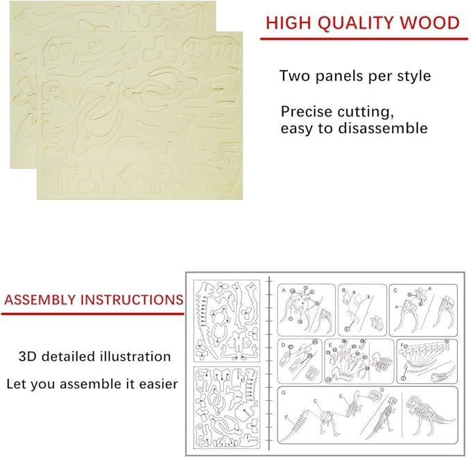 3D Wooden Dinosaur Puzzle - 6 Piece Set Wood Dinosaur Skeleton Model Puzzle - DIY Wooden Crafts 3D Puzzle - STEM Toys Brain Teaser Puzzle Gifts