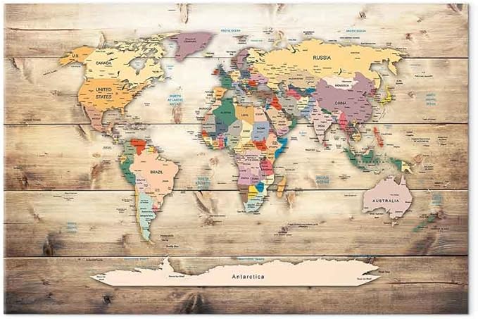 artgeist Canvas Wall Art Print World Map 35x24 in - 1pcs Home Decor Framed Stretched Picture Photo Painting Artwork Image World Travel Map Wood k-B-0009-b-b