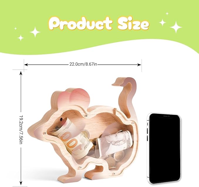 Wooden Rat Piggy Banks for Kids, Adorable Rat Piggy Bank with Acrylic Panels, Unbreakable Toddler Money Box for Boys Girls Adults, Cute Saving Coin Jar for Birthday Décor