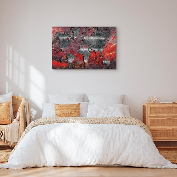 artgeist Canvas Wall Art World Map 35x24 in - 1pcs Home Decor Framed Stretched Picture Photo Painting Artwork Image - Abstract Continents Map World Map Red Silver k-A-0505-b-c