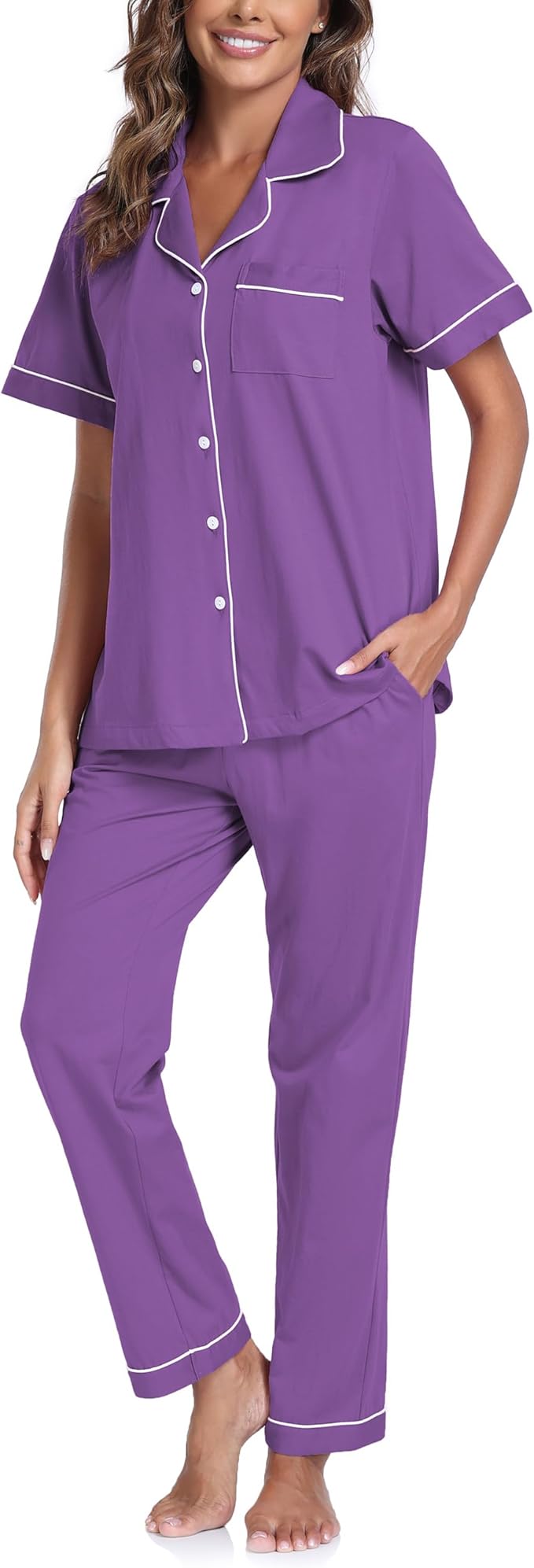 CF Womens 100% Cotton Pajamas Set Button Down Pjs Sets Short Sleeve Top & Long Pants Sleepwear Comfy Loungewear with Pockets