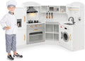 Costzon Corner Kids Kitchen Playset, Wooden Play Kitchen with Sounds & Lights, Washing Machine, Range Hood, Ice Maker, Microwave, Oven, Sink, Pretend Toy Kitchen Set for Toddler, Gift for Boys Girls